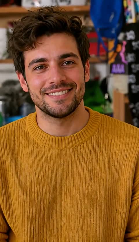 Watch the video from the half body photo: Man in a mustard sweater, half-body photo