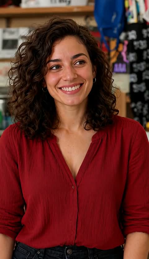 Watch the video from the half body photo: Woman with curly hair in a deep red shirt, half-body photo